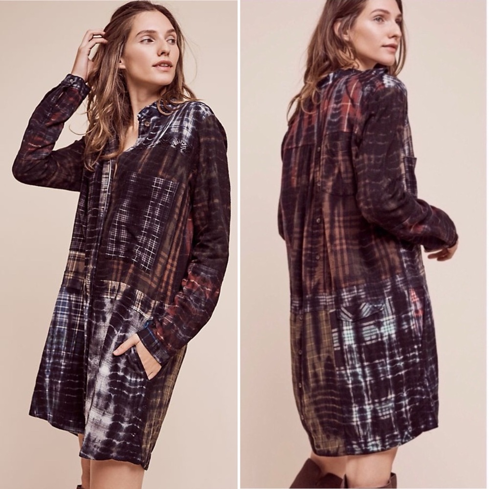 Anthropologie Burning Torch Plaid Tie Dye Burnout Button Down Tunic Dress